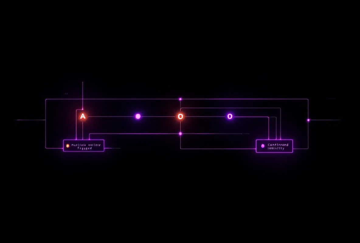 Abstract violet-and-amber regulatory status-flow graph — an origin node branching to flagged and confirmed status checkpoint nodes — on a pure black void
