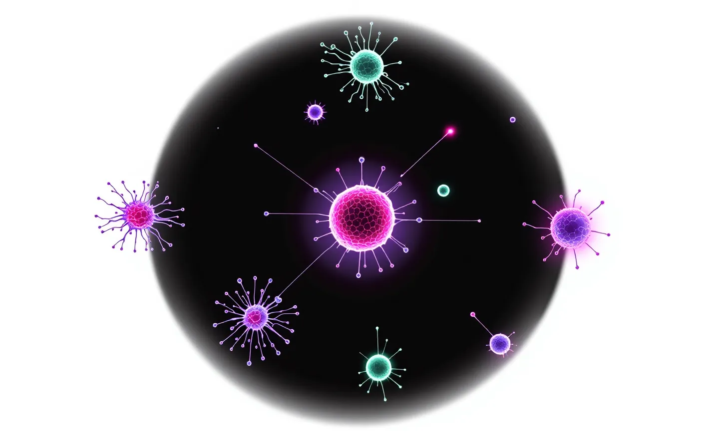 Luminous violet-and-fuchsia synapse interaction graph — a central node with glowing edges fanning out to angiogenesis, migration and survival signaling-branch nodes — on a pure black void